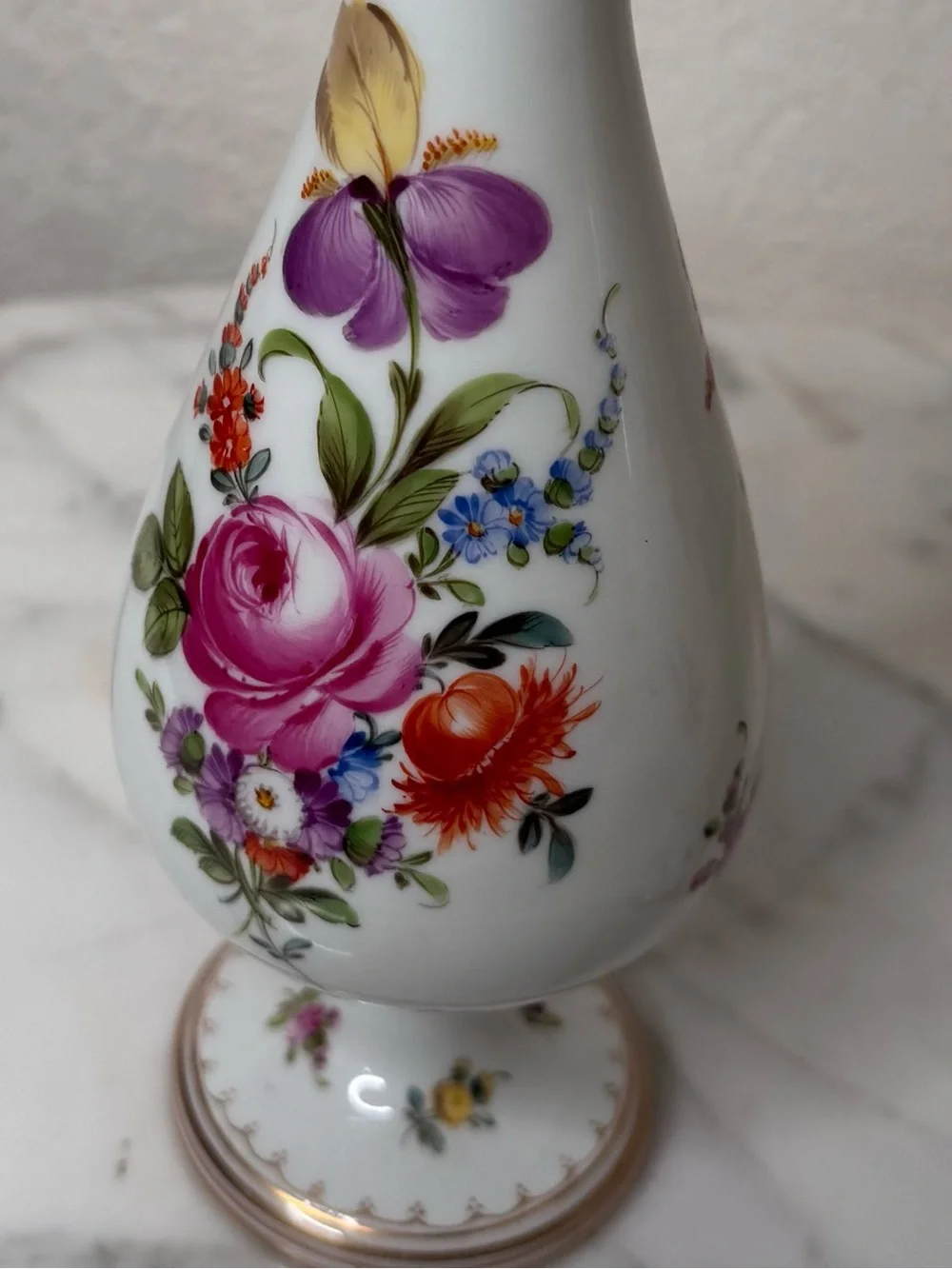 Germany antique Hand Painted Dresden trumpet style. vase pair or candle holders